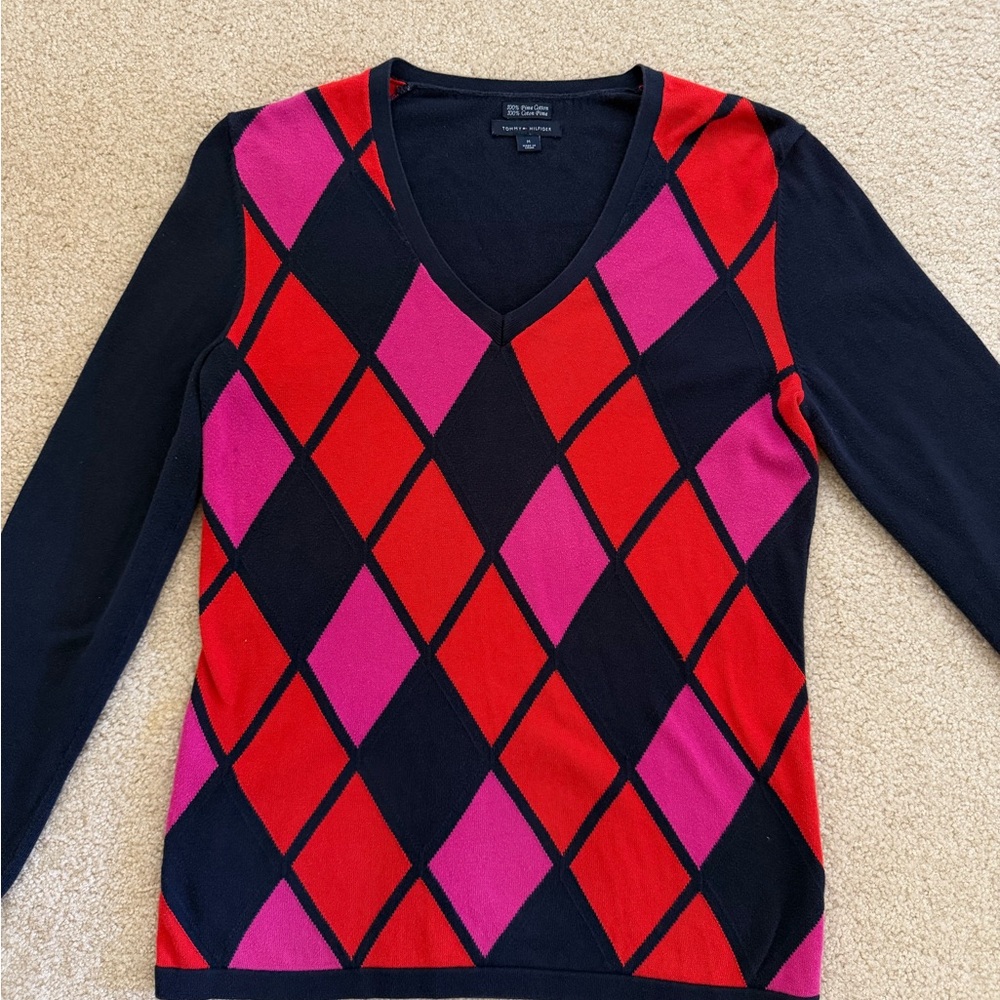 Tommy Hilfiger V-Neck Sweater - Black, Red, and Pink Argyle Medium - Picture 2 of 6